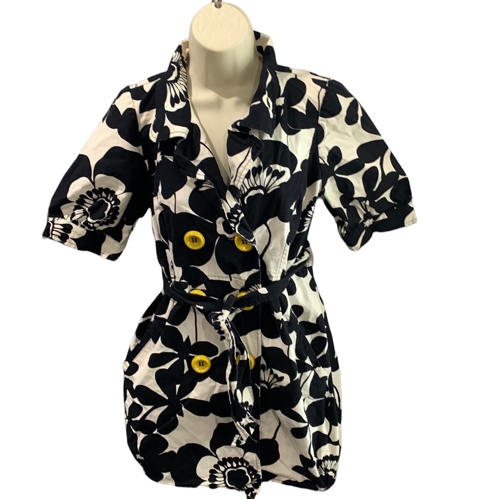 Ivy Jane Black White Short Puff Sleeve Yellow Button Trench Coat Med
